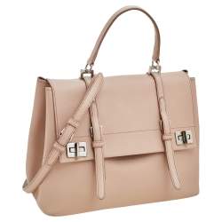 Pre Owned Prada Beige Saffiano Cuir Leather Double Turn Lock Top Handle Bag