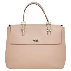 Pre Owned Prada Beige Saffiano Cuir Leather Double Turn Lock Top Handle Bag