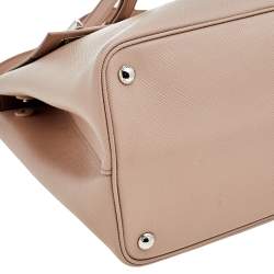 Pre Owned Prada Beige Saffiano Cuir Leather Double Turn Lock Top Handle Bag