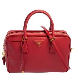 Pre Owned Prada Red Saffiano Lux Leather Zip Bauletto Bag
