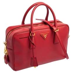 Pre Owned Prada Red Saffiano Lux Leather Zip Bauletto Bag
