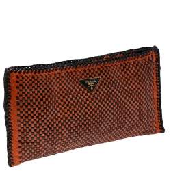 Pre Owned Prada Black/Orange Woven Leather Clutch