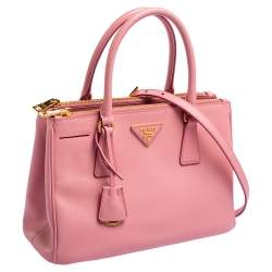 Pre Owned Prada Pink Saffiano Lux Leather Small Double Zip Galleria Tote