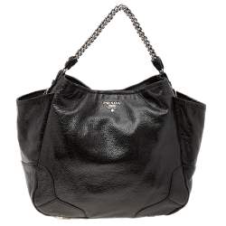 Pre Owned Prada Dark Brown Shiny Leather Lux Chain Cervo Hobo