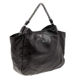 Pre Owned Prada Dark Brown Shiny Leather Lux Chain Cervo Hobo