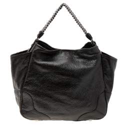 Pre Owned Prada Dark Brown Shiny Leather Lux Chain Cervo Hobo