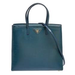 Pre Owned Prada Blue Saffiano Vernice Leather Parabole Tote