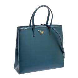 Pre Owned Prada Blue Saffiano Vernice Leather Parabole Tote