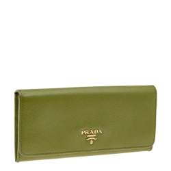 Pre Owned Prada Green Saffiano Leather Flap Continental Wallet