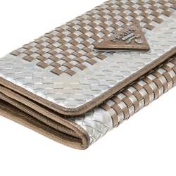 Pre Owned Prada Metallic Gold/Silver Woven Leather Flap Continental Wallet