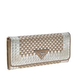 Pre Owned Prada Metallic Gold/Silver Woven Leather Flap Continental Wallet