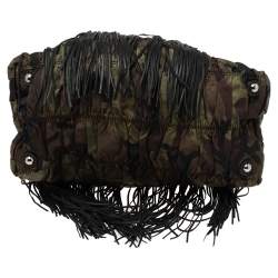 Pre Owned Prada Black/Camo Nylon and Leather Fringe Hobo