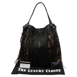 Pre Owned Prada Black/Camo Nylon and Leather Fringe Hobo