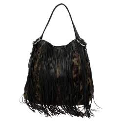 Pre Owned Prada Black/Camo Nylon and Leather Fringe Hobo