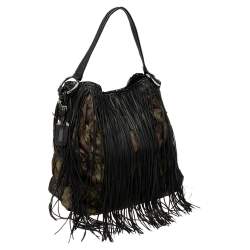 Pre Owned Prada Black/Camo Nylon and Leather Fringe Hobo