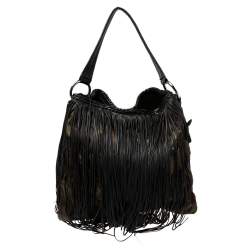 Pre Owned Prada Black/Camo Nylon and Leather Fringe Hobo
