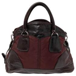 Pre Owned Prada Burgundy Nylon and Leather Bauletto Bowler Bag