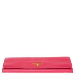 Pre Owned Prada Pink Saffiano Lux Leather Logo Flap Continental Wallet