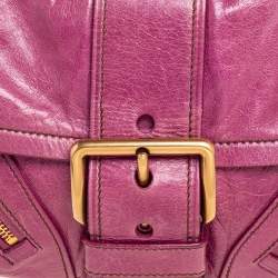 Pre Owned Prada Magenta Leather Buckle Flap Baguette Shoulder Bag