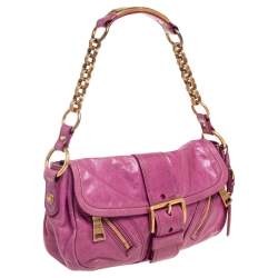 Pre Owned Prada Magenta Leather Buckle Flap Baguette Shoulder Bag