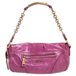 Pre Owned Prada Magenta Leather Buckle Flap Baguette Shoulder Bag