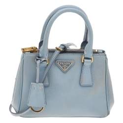 Pre Owned Prada Light Blue Saffiano Leather Mini Galleria Double Zip Tote