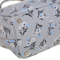 Pre Owned Prada Pale Blue Floral Print Saffiano Lux Leather Medium Galleria Double Zip Tote