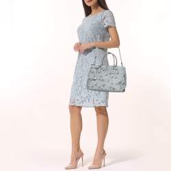 Pre Owned Prada Pale Blue Floral Print Saffiano Lux Leather Medium Galleria Double Zip Tote