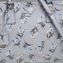 Pre Owned Prada Pale Blue Floral Print Saffiano Lux Leather Medium Galleria Double Zip Tote