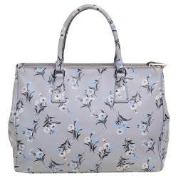 Pre Owned Prada Pale Blue Floral Print Saffiano Lux Leather Medium Galleria Double Zip Tote