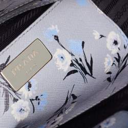 Pre Owned Prada Pale Blue Floral Print Saffiano Lux Leather Medium Galleria Double Zip Tote