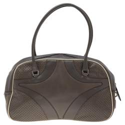 مملوكة مسبقًا Prada Grey/White Vitello Drive and Perforated Leather Bowler Bag