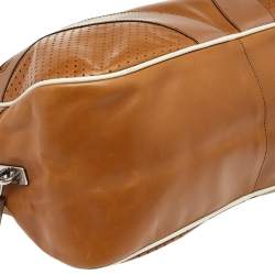Pre Owned Prada Brown/White Vitello Drive and Perforated Leather Bowler Bag