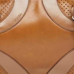 Pre Owned Prada Brown/White Vitello Drive and Perforated Leather Bowler Bag