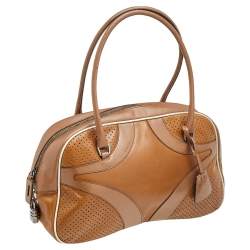 Pre Owned Prada Brown/White Vitello Drive and Perforated Leather Bowler Bag