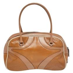 Pre Owned Prada Brown/White Vitello Drive and Perforated Leather Bowler Bag