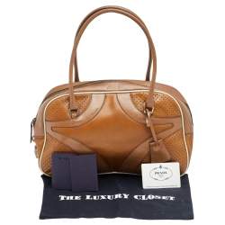 Pre Owned Prada Brown/White Vitello Drive and Perforated Leather Bowler Bag