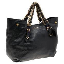 Pre Owned Prada Black Cervo Lux Leather Chain Tote