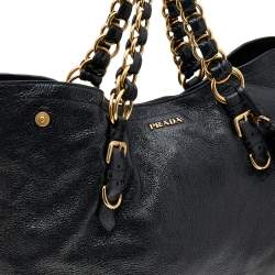 Pre Owned Prada Black Cervo Lux Leather Chain Tote