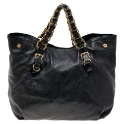 Pre Owned Prada Black Cervo Lux Leather Chain Tote