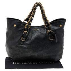 Pre Owned Prada Black Cervo Lux Leather Chain Tote