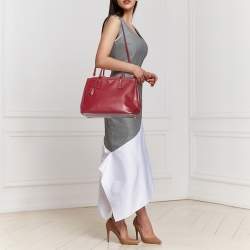 Pre Owned Prada Red Saffiano Lux Leather Medium Double Zip Tote