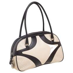 Pre Owned Prada Dark Brown/Cream Perforated Leather Drive Bowler Bag