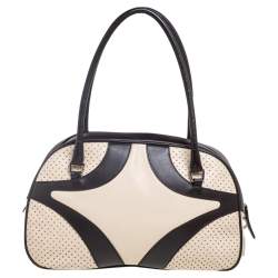 Pre Owned Prada Dark Brown/Cream Perforated Leather Drive Bowler Bag