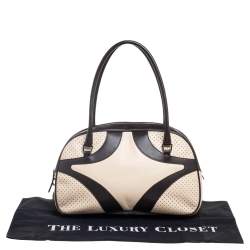 Pre Owned Prada Dark Brown/Cream Perforated Leather Drive Bowler Bag