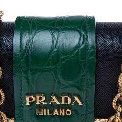 Pre Owned Prada Black/Green Saffiano Leather and Alligator Cahier Shoulder Bag
