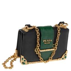 Pre Owned Prada Black/Green Saffiano Leather and Alligator Cahier Shoulder Bag