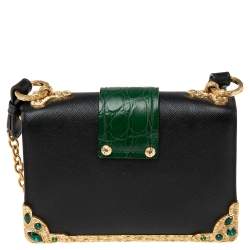 Pre Owned Prada Black/Green Saffiano Leather and Alligator Cahier Shoulder Bag