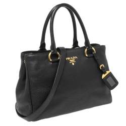 Pre Owned Prada Black Vitello Daino Leather Middle Zip Tote