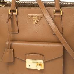 Pre Owned Prada Brown Saffiano Leather Front Pocket Double Zip Tote